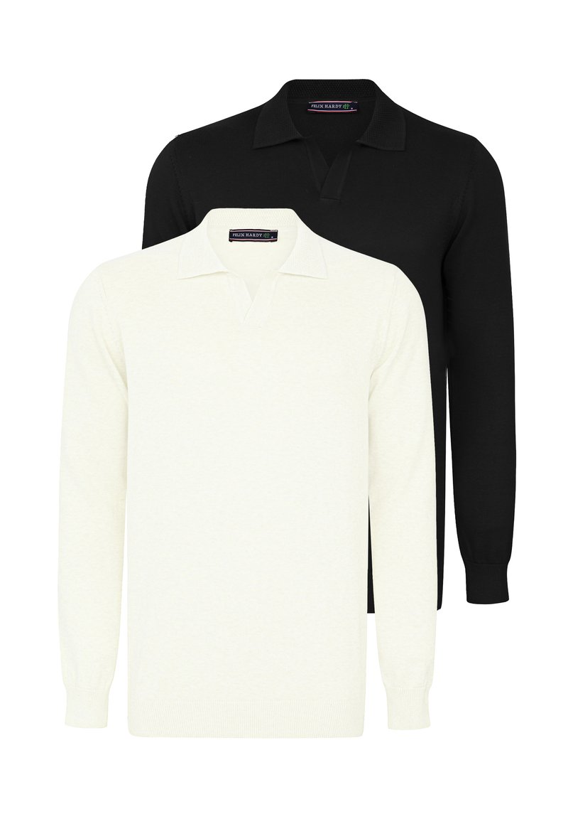 To lange langærmede polo shirts: en hvid og en sort, med krave og blødt strikmateriale. Enkel design uden mønstre.