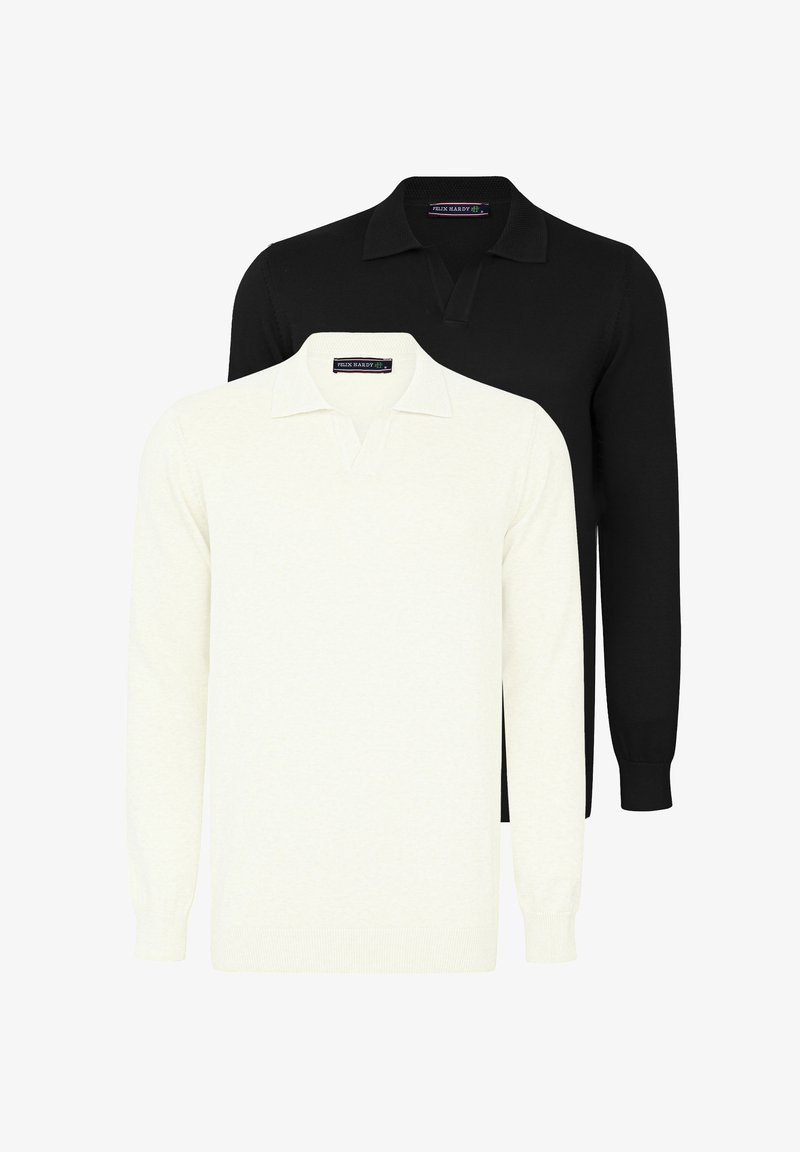 Kaks pikka varrukat poloshirt: üks valge ja teine must, millel on krae ja pehme kudum. Lihtne disain ilma mustriteta.