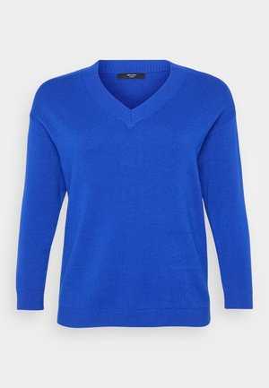 Pulover albastru cu decolteu în V, cu mâneci lungi, manșete și tiv ribbind; realizat dintr-un material moale, texturat. Design simplu, fără modele sau accente.