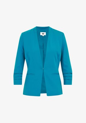 Teal blazer med spetsig krage, trekvartsärmar och sidofickor. Tillverkad av ett smidigt tyg med en ren, skräddarsydd passform.