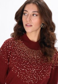 Burgunderfarbener Pullover mit geripptem Ausschnitt und verstreuten goldenen Pailletten auf der Brust, mit weichem Material und lässiger Passform.