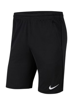 Shorts de sport noirs avec taille élastique et logo Nike swoosh blanc sur la partie inférieure gauche de la jambe, présentés sur un fond blanc.