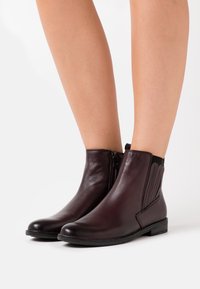Bottines en cuir bordeaux avec une fermeture éclair latérale, des accents élastiques et un petit talon empilé, présentant une texture lisse et un design à bout rond.
