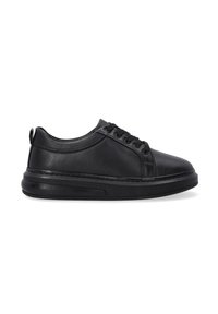 Schwarze Leder-Sneaker verfügen über eine abgerundete Zehenpartie, ein schnürbares Design, einen gepolsterten Kragen und eine Gummisohle mit sichtbaren Nähten entlang der Kante.