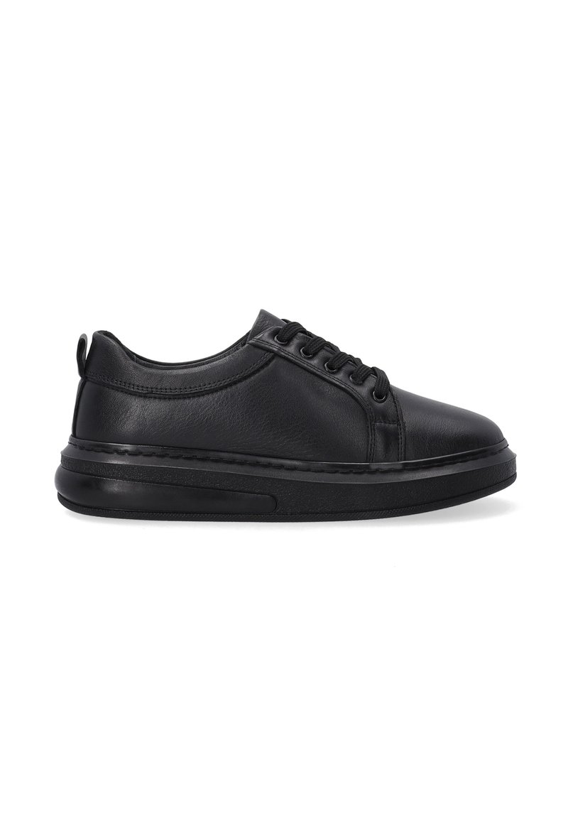 Schwarze Leder-Sneaker verfügen über eine abgerundete Zehenpartie, ein schnürbares Design, einen gepolsterten Kragen und eine Gummisohle mit sichtbaren Nähten entlang der Kante.