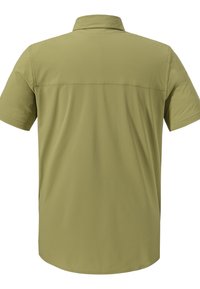 Kurzarmhemd in olivgrün, aus glattem Stoff, mit einer Rückenpasse und einem Kragen mit sauberem Abschluss.