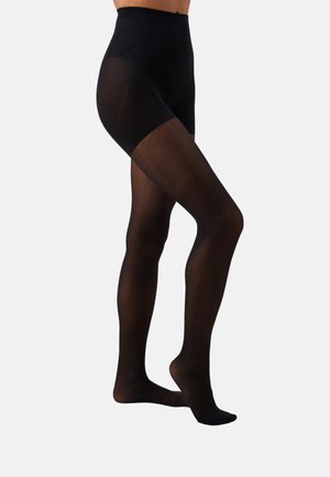 Black opaque tights with a high waistband, featuring a smooth texture and a matte finish, extending from waist to toes.