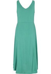 Un vestido sin mangas con escote en V en un tono sólido de azul verdoso. Fabricado en un tejido suave, presenta un corsé ajustado y una falda fluida que se estrecha en el dobladillo.