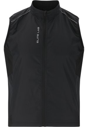 Schwarze ärmellose Weste mit Reißverschluss an der Vorderseite, aus leichtem Material gefertigt. Mit Netzseiteneinsätzen und silbernen Akzenten. "ELITE LAB" Logo sichtbar.
