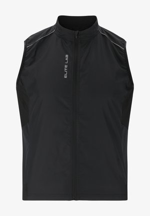 Schwarze ärmellose Weste mit Reißverschluss an der Vorderseite, aus leichtem Material gefertigt. Mit Netzseiteneinsätzen und silbernen Akzenten. "ELITE LAB" Logo sichtbar.