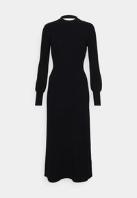 Schwarzes geripptes Strickkleid mit langen Ärmeln, einem taillierten Oberteil und fließendem Rock. Mit einem Stehkragen und leicht geschoppten Ärmeln.