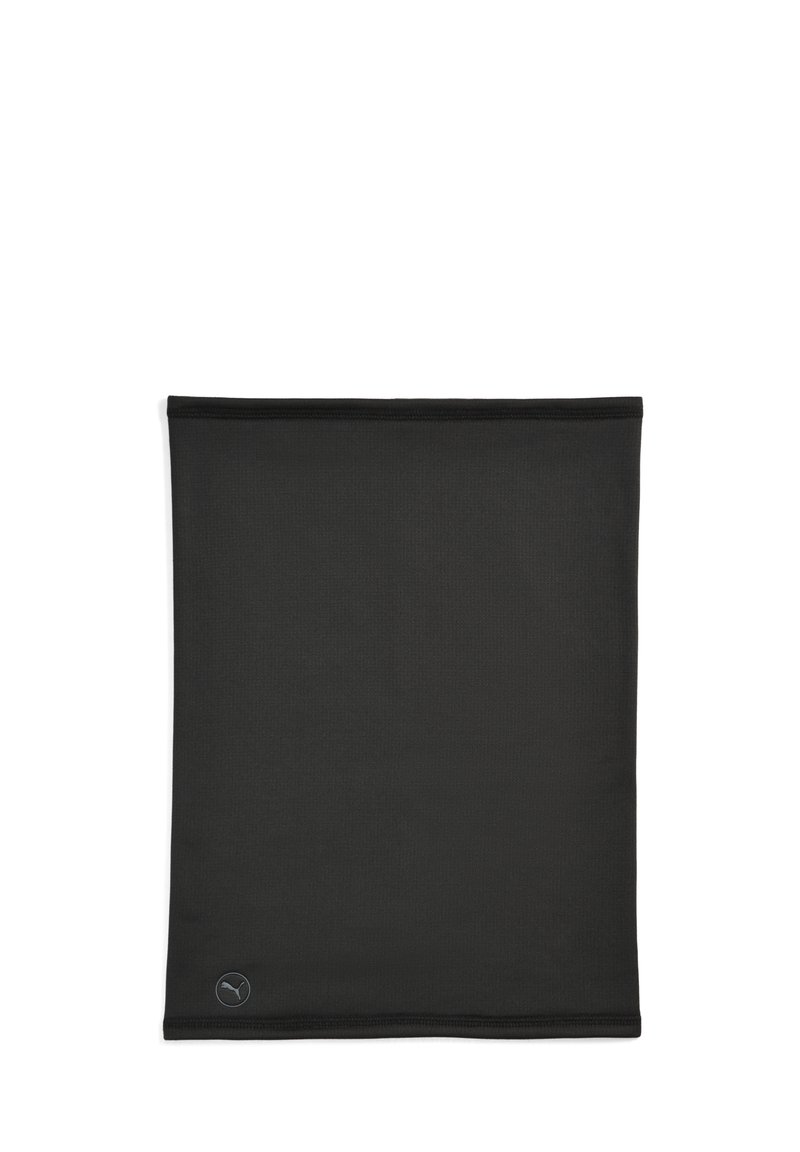 Juodas kaklo kamštis, pagamintas iš lygaus, elastingo audinio. Apačioje kairiajame kampe yra subtilus logotipo etiketė. Nėra matomų siūlių ar raštų.