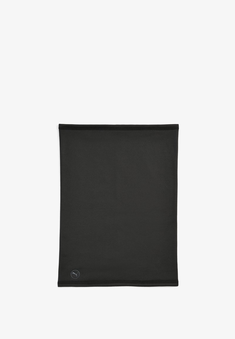 Melnas kakla sējas maska, kas izgatavota no gludas, stiepjamas auduma. Apakšējā stūrī ir smalks logo tags. Nav redzamu šuvju vai rakstu.