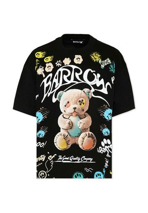 Czarny T-shirt z grafiką zszywanego misia, żółtymi i niebieskimi czaszkami oraz napisem "BARROW" w białych stylizowanych literach.