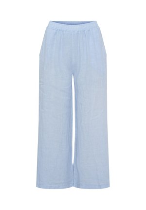 Lyseblå, vidde bukser med elastisk linning, lavet af let, let tekstureret stof.