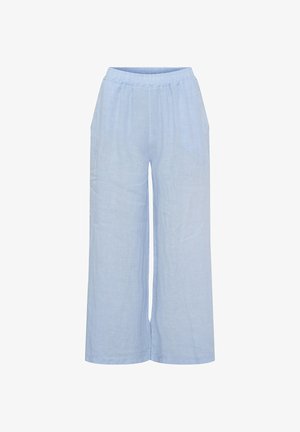 Lyseblå, vidde bukser med elastisk linning, lavet af let, let tekstureret stof.