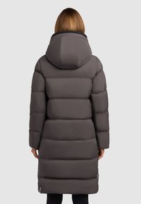 Gray puffer coat featuring a hood, long sleeves, and a quilted design. The silhouette is straight-cut, extending to mid-calf with side pockets.