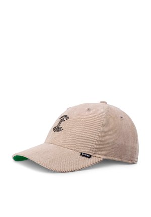 Beige corduroy baseball cap with a green underside, featuring a black logo embroidery on the front and a small brand tag on the side.