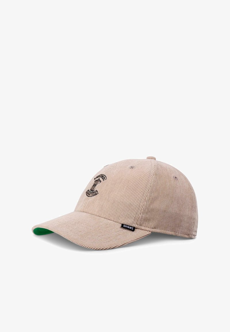 Beige corduroy baseball cap with a green underside, featuring a black logo embroidery on the front and a small brand tag on the side.
