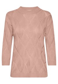 Helle rosa Strickpullover mit Diamantmuster, rundem Halsausschnitt und Dreiviertelärmeln. Mit strukturierten, offenen Webdetails.