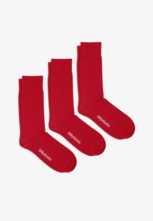Rote Baumwollsocken im 3er-Pack, mit einem gerippten Bündchen und dezentem Branding an der Seite. Glatte Textur und einheitliche Farbe.