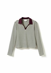 Cămașă cu mâneci lungi în dungi, de culoare crem și neagră, având un guler burgund și un decolteu în V. Material moale, ajustat, cu un siluetă scurtă.