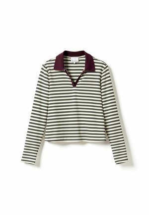 Stribet langærmet skjorte i creme og sort, med en burgunder krave og V-hals design. Blødt, tætsiddende materiale med en cropped silhuet.