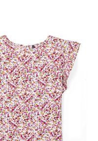 Blusa floreale in tessuto leggero, presenta uno sfondo bianco con fiori rosa, gialli e neri. Collo rotondo e maniche corte a sbuffo.
