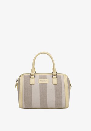 Sac à main à rayures beige et crème avec deux poignées, forme rectangulaire, fermeture zippée et une petite plaque logo à l'avant.