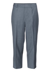Grårandiga byxor med skräddarsydd design, med slät front och kort längd. Tillverkade av ett mjukt tyg med en lätt strukturerad yta.