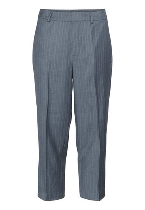 Hallide triibulised püksid, millel on kohandatud disain, koos lamedate esitükkidega ja lühendatud pikkusega. Valmistatud siledast kangast, millel on kergelt tekstureeritud pinnaefekt.