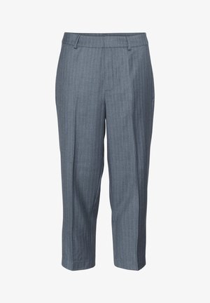 Hallide triibulised püksid, millel on kohandatud disain, koos lamedate esitükkidega ja lühendatud pikkusega. Valmistatud siledast kangast, millel on kergelt tekstureeritud pinnaefekt.