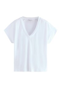 Vitt kortärmat t-shirt med V-hals, tillverkat av mjukt tyg; har en avslappnad passform och en jämn yta utan synliga mönster eller detaljer.