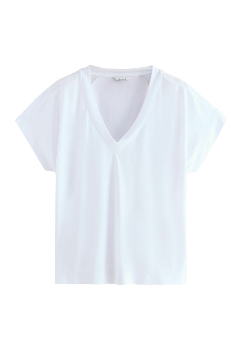 Vitt kortärmat t-shirt med V-hals, tillverkat av mjukt tyg; har en avslappnad passform och en jämn yta utan synliga mönster eller detaljer.