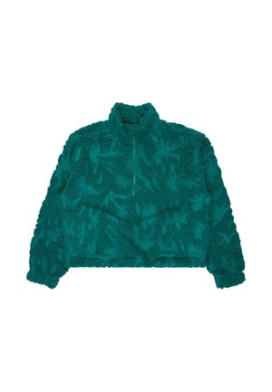 Pullover in pile color teal con colletto alto, chiusura con zip e motivo floreale testurizzato. Presenta maniche lunghe e polsini elasticizzati.