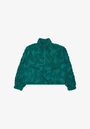 Türkiser Fleece-Pullover mit hohem Kragen, Reißverschluss und strukturiertem Blumenmuster. Besitzt lange Ärmel und elastische Bündchen.