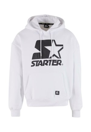 White hoodie with a large black "Starter" logo and star graphic. Features a front pocket and adjustable drawstring hood. Soft fabric texture.