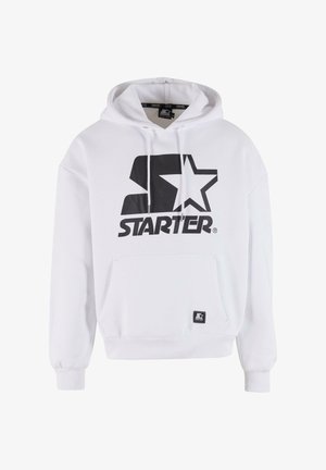 Bela kapuca z velikim črnim logotipom "Starter" in grafiko z zvezdo. Ima sprednji žep in nastavljivo kapuco z vrvico. Mehka tekstura blaga.