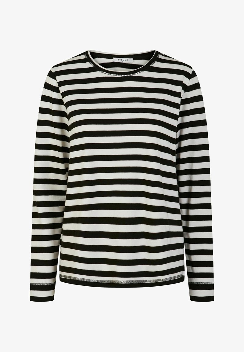 Black and white long-sleeve striped top with a round neck and soft fabric. Features evenly spaced horizontal stripes and a straight cut hem.