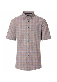 Kurzarm-Hemd mit Knopfleiste, das ein mehrfarbiges Karomuster in Blau, Orange und Grün zeigt, sowie einer Brusttasche und einem Button-down-Kragen.