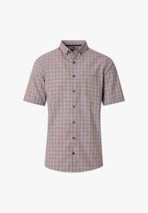 Kurzarm-Hemd mit Knopfleiste, das ein mehrfarbiges Karomuster in Blau, Orange und Grün zeigt, sowie einer Brusttasche und einem Button-down-Kragen.