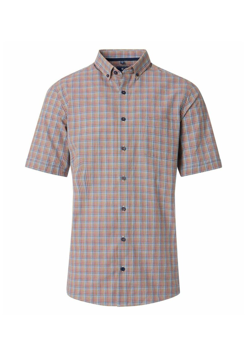 Kurzarm-Hemd mit Knopfleiste, das ein mehrfarbiges Karomuster in Blau, Orange und Grün zeigt, sowie einer Brusttasche und einem Button-down-Kragen.