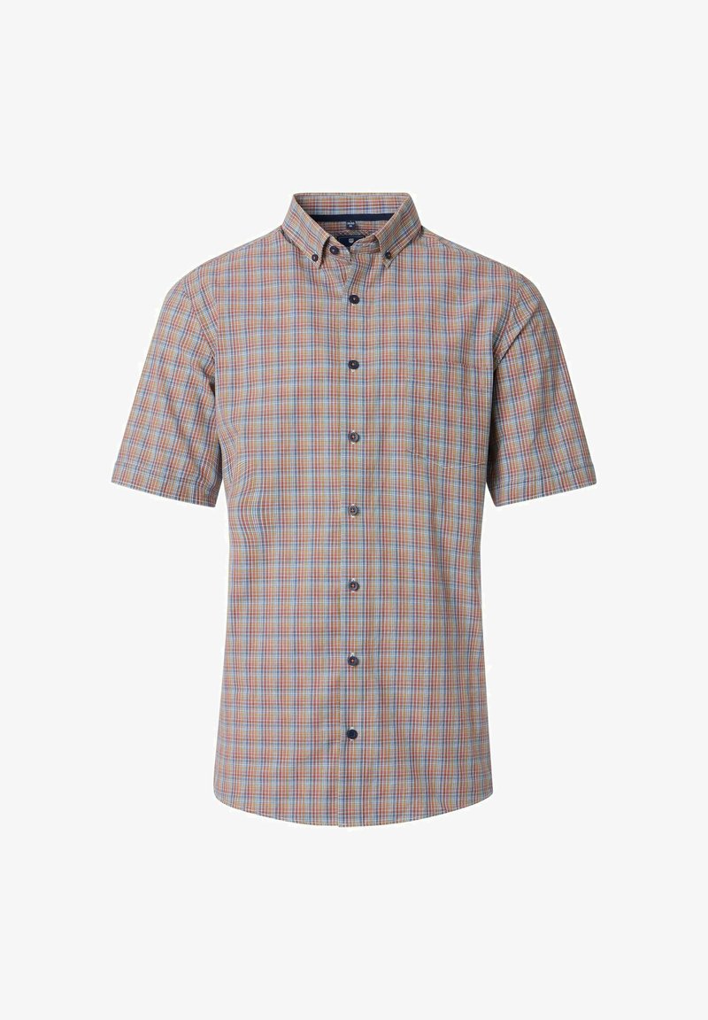 Kurzarm-Hemd mit Knopfleiste, das ein mehrfarbiges Karomuster in Blau, Orange und Grün zeigt, sowie einer Brusttasche und einem Button-down-Kragen.
