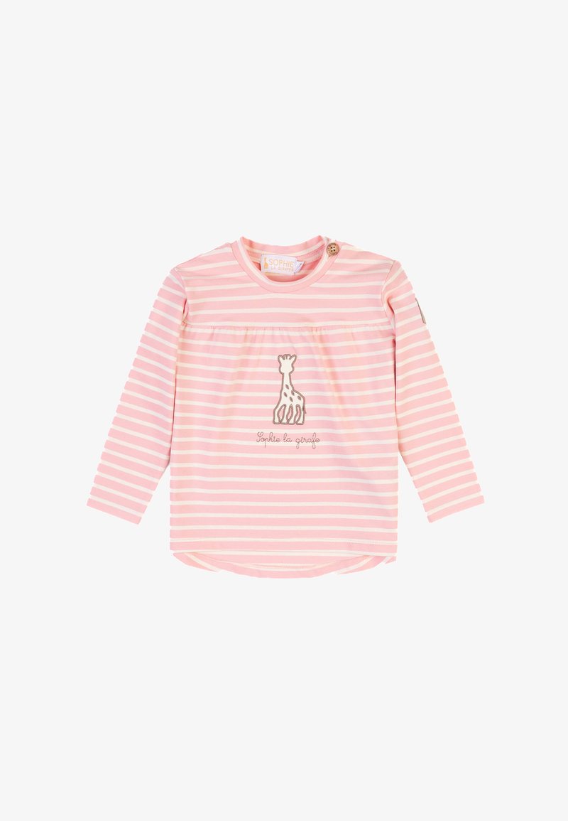 Long-sleeve shirt in light pink with white stripes, featuring a giraffe design in the center and a button detail on the shoulder.