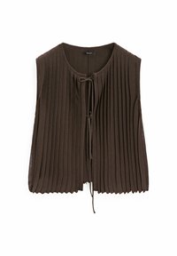 Gilet marron en maille sans manches avec côtes verticales et fermeture nouée devant, présenté à plat sur fond blanc.