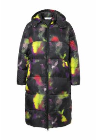 Cappotto imbottito nero con cappuccio, caratterizzato da un motivo astratto multicolore in giallo, rosa e verde, e zip frontale.