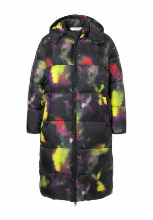 Manteau rembourré noir avec une capuche, présentant un motif abstrait multicolore en jaune, rose et vert, et une fermeture éclair à l'avant.