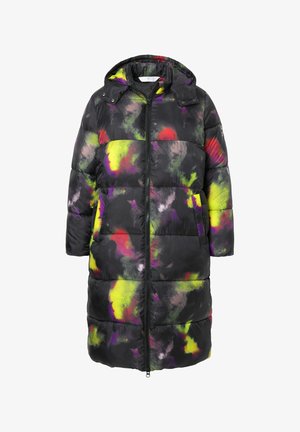 Schwarzer gepolsterter Mantel mit Kapuze, der mit einem mehrfarbigen abstrakten Muster in Gelb, Rosa und Grün versehen ist und einen Frontreißverschluss hat.