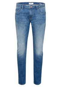 Vaaleansiniset farkut, slim fit -mallia, joissa on klassinen viiden taskun muotoilu, vyölenkit ja hillitty haalistunut kuvio lahkeissa.