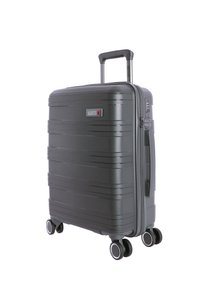 Maleta rígida gris con textura acanalada, cuatro ruedas, asa retráctil y cerradura de combinación. Diseño esbelto con acentos en contraste.